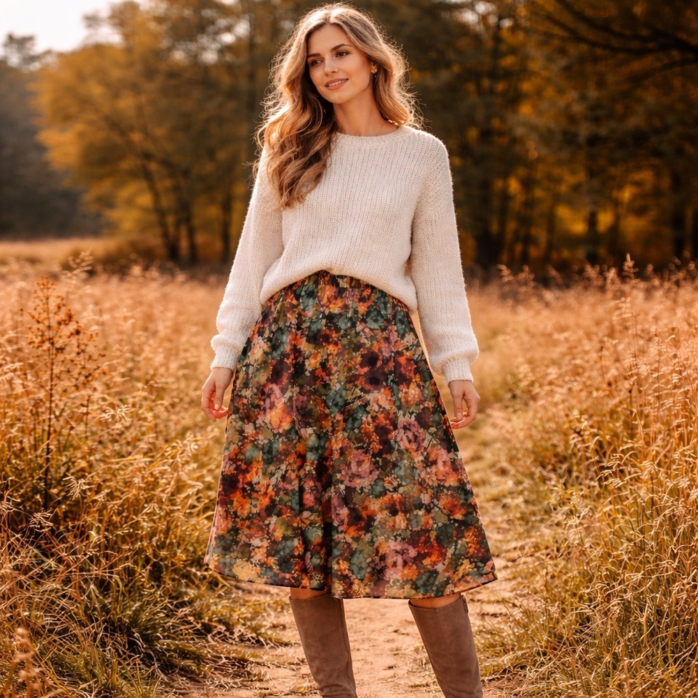 Coldwater‎ Creek Cottagecore Floral Midi Skirt Size Large Boho Chic Jewel Tones